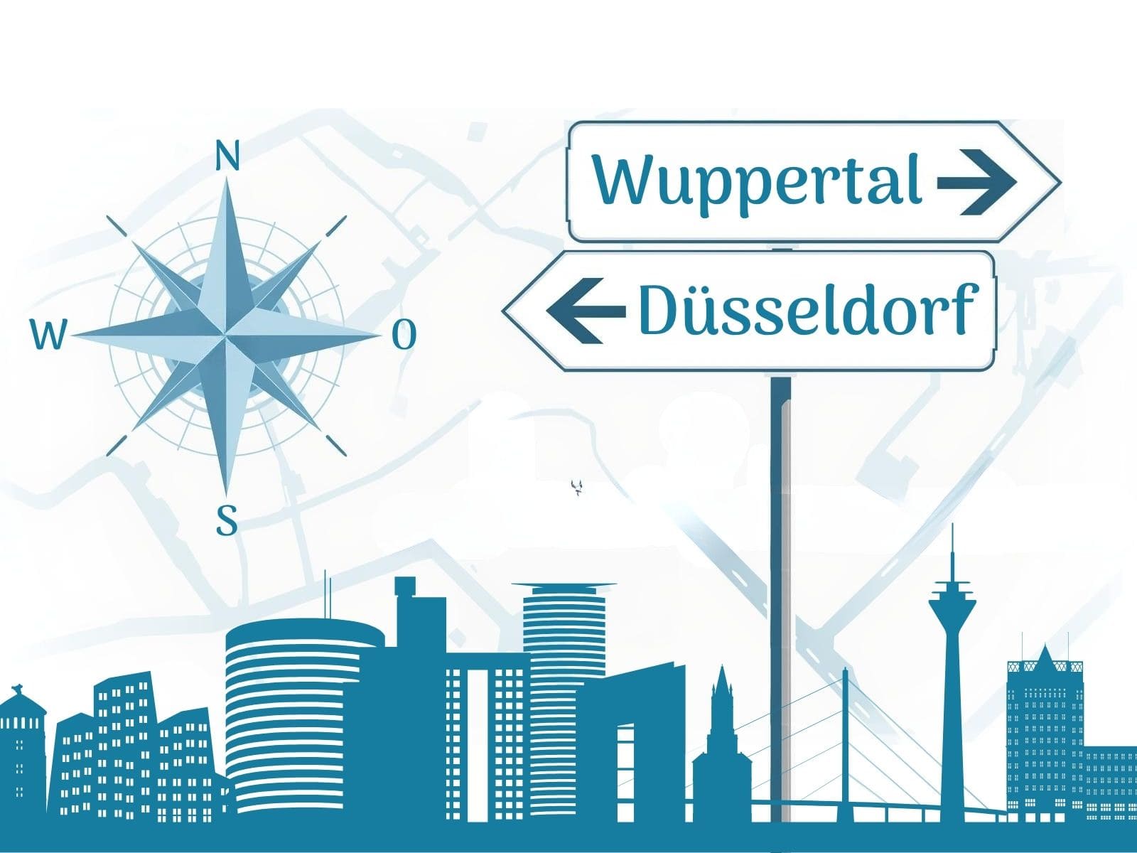 Eine klare Kartenillustration mit Kompass „N“, einem Autobahn-Hinweisschild „Wuppertal → Düsseldorf“