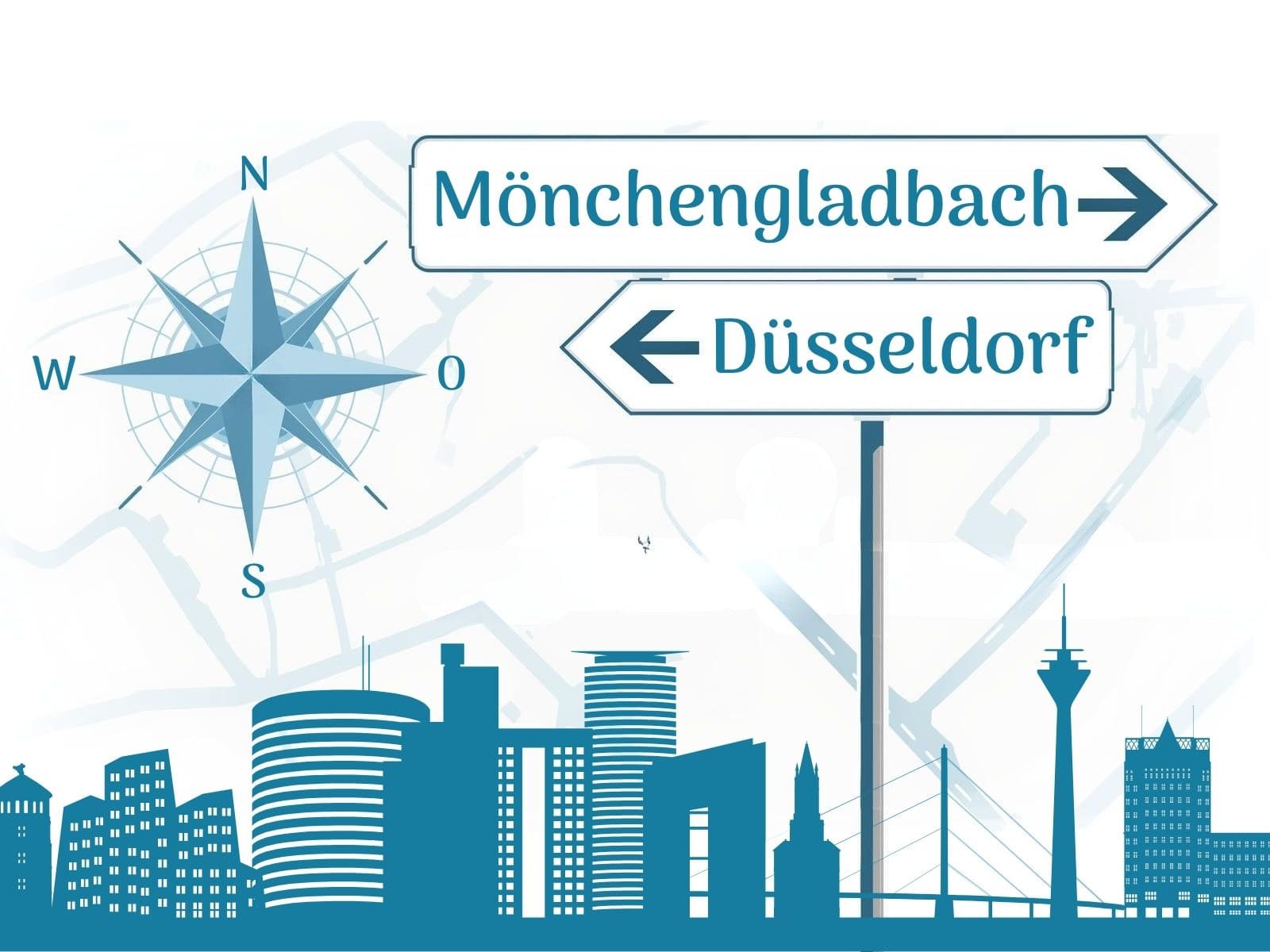 Eine klare Kartenillustration mit Kompass „N“, einem Autobahn-Hinweisschild „Mönchengladbach → Düsseldorf“
