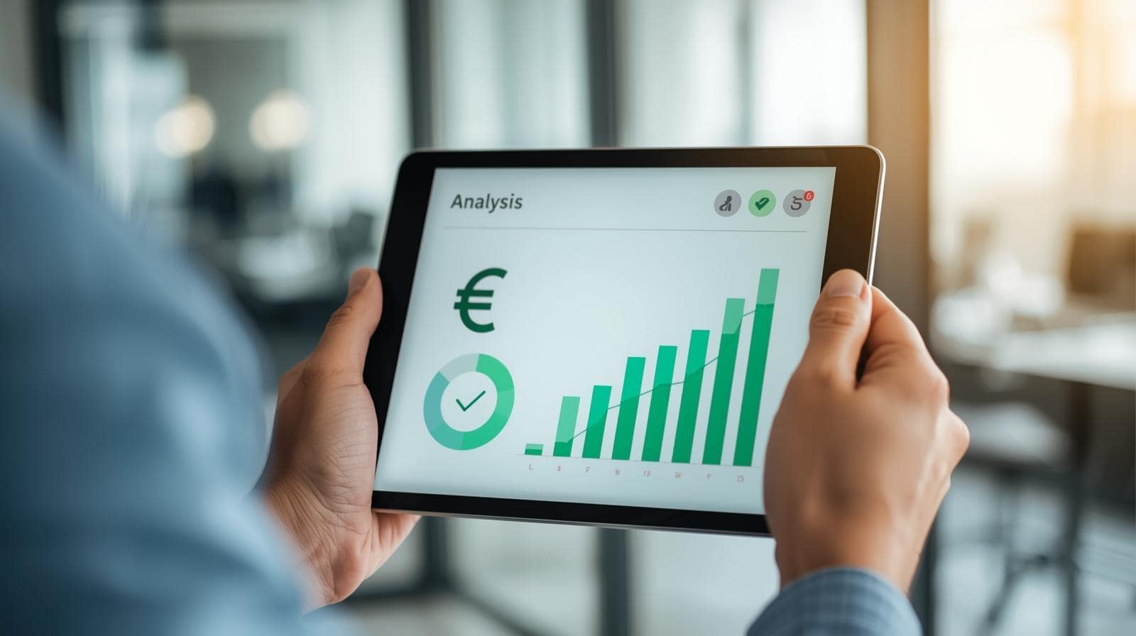 Kunde hält ein Tablet mit Dashboard: „Beitragsrückfluss“ als klarer, grüner Balken