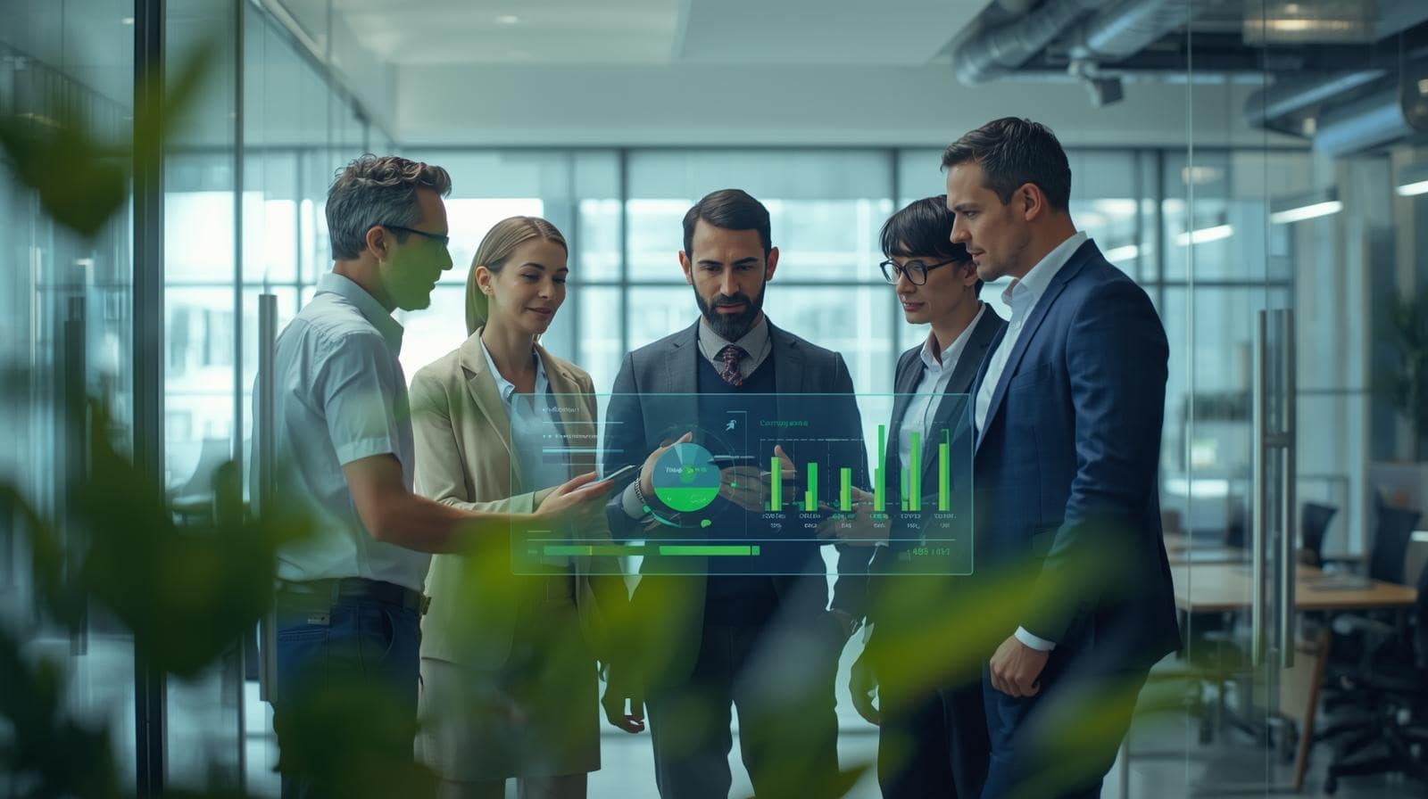 In einem modernen Büro bespricht eine kleine, diverse Teamrunde (5 Personen) vor einem Bildschirm ein übersichtliches Risiko-Dashboard.