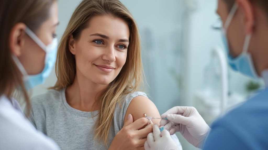 Frau bekommt beim Arzt eine Impfung