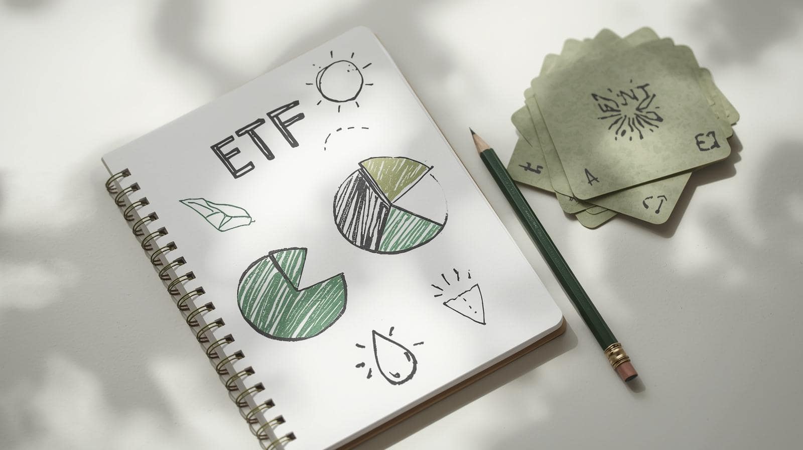 Notizbuch mit handgezeichneten ETF-Kuchenstücken, daneben nachhaltige Symbole (Blatt, Tropfen, Sonne) und ein Holzbleistift