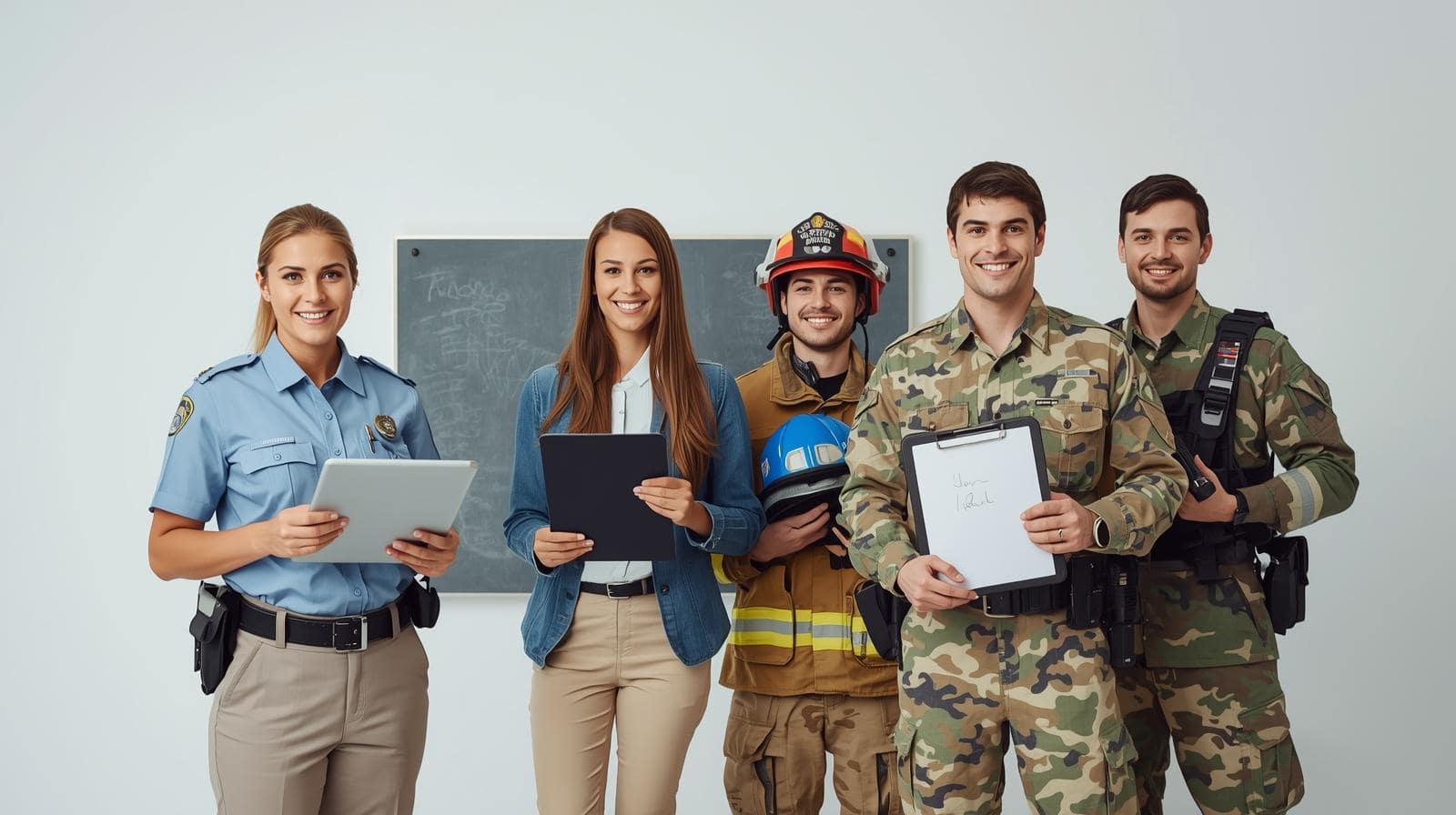 Ein freundliches Gruppenfoto in neutraler, moderner Umgebung: eine Polizistin, ein Lehrer mit Tablet, eine Feuerwehrkraft mit Helm, ein Zollbeamter mit Klemmbrett sowie ein Soldat in Flecktarn.