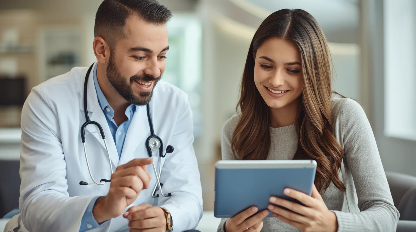 Arzt im weißen Kittel erläutert einer jungen Person einen Befund am Tablet