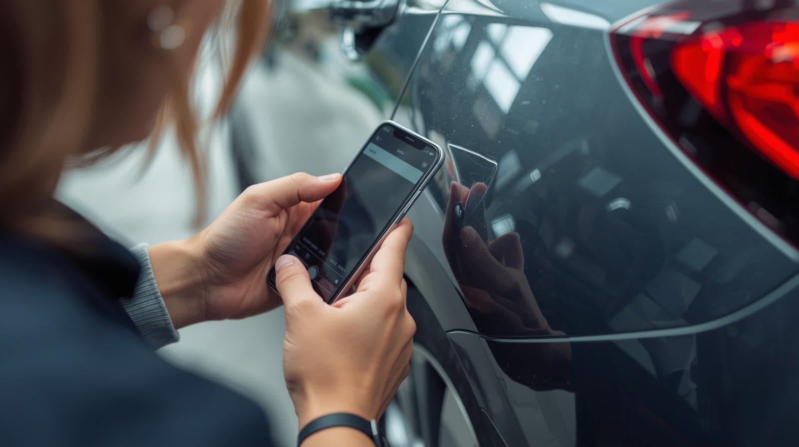 Person fotografiert mit dem Smartphone eine kleine Delle am Auto