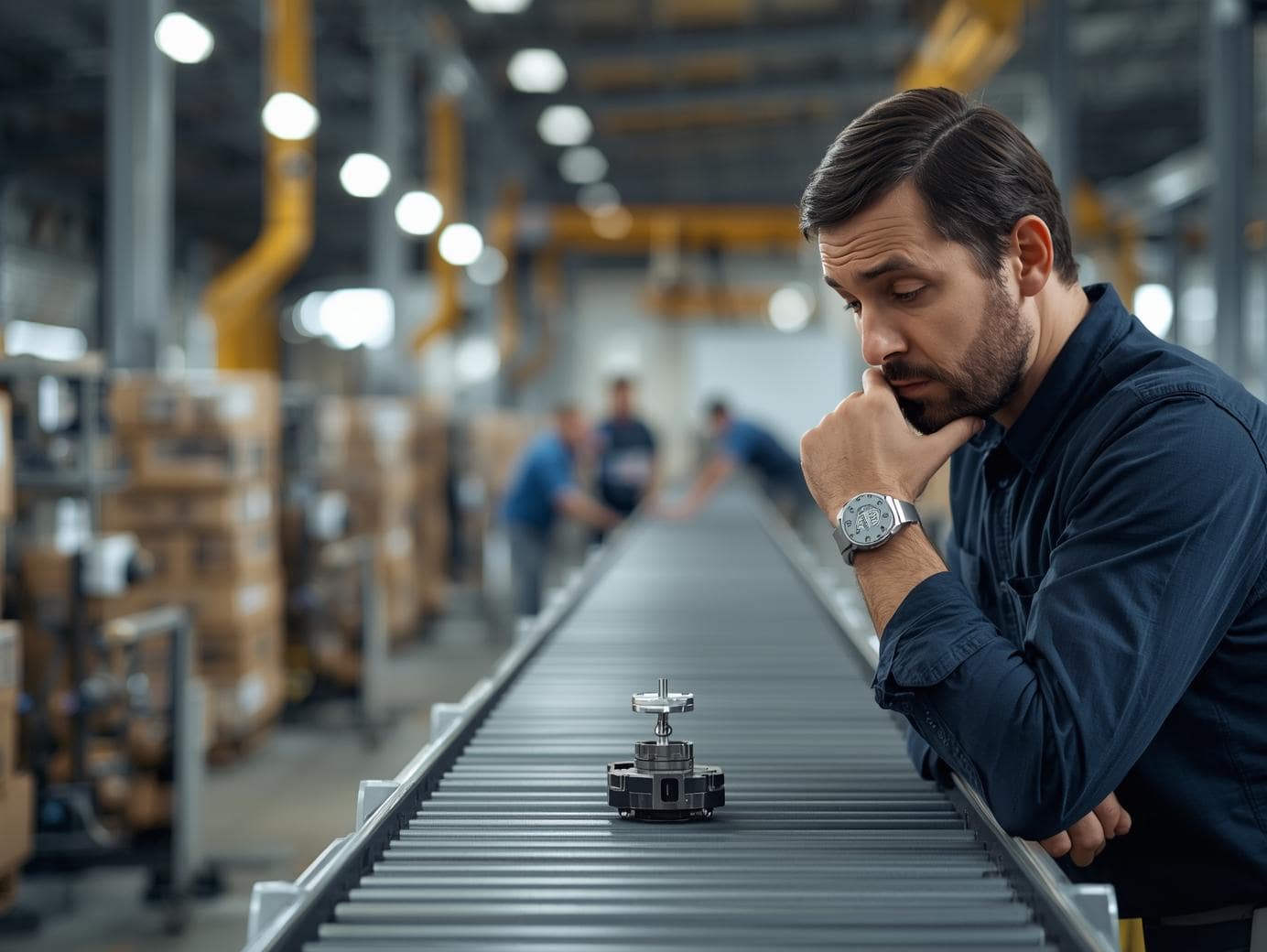 Im Vordergrund ein Industrie-Mitarbeiter in moderner Produktionshalle, der nachdenklich auf ein kleines Bauteil oder ein falsch montiertes Teil auf einem Förderband schaut. Im Hintergrund leicht unscharf eine große Produktionslinie mit Maschinen, gestapelten Kisten/Paletten und Kollegen