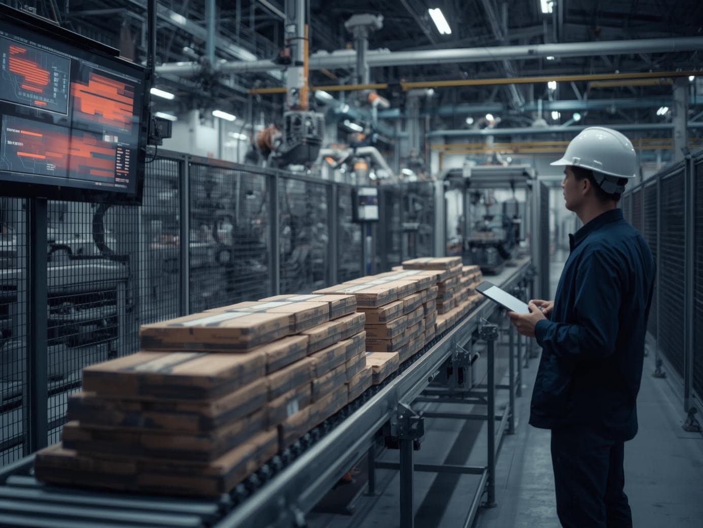 Industriekunden: Moderne Industriehalle mit großer Produktionslinie, die sichtbar stillsteht. Im Vordergrund ein Stapel unbewegter Kartons auf dem Förderband, im Hintergrund stehen Maschinen und Roboterarme reglos. Ein Produktionsleiter mit Helm und Klemmbrett blickt nachdenklich auf die Anlage, neben ihm am Rand ein Bildschirm mit roten Warnsymbolen