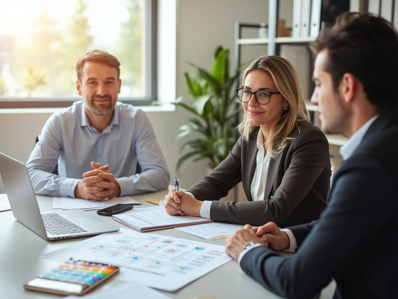Modernes, helles Büro mit großer Fensterfront, in dem ein sympathischer Versicherungsmakler mit einem Unternehmer-Paar an einem Tisch sitzt. Auf dem Tisch liegen geordnete Unterlagen, ein aufgeklappter Laptop und ein Block mit einer übersichtlichen Skizze.