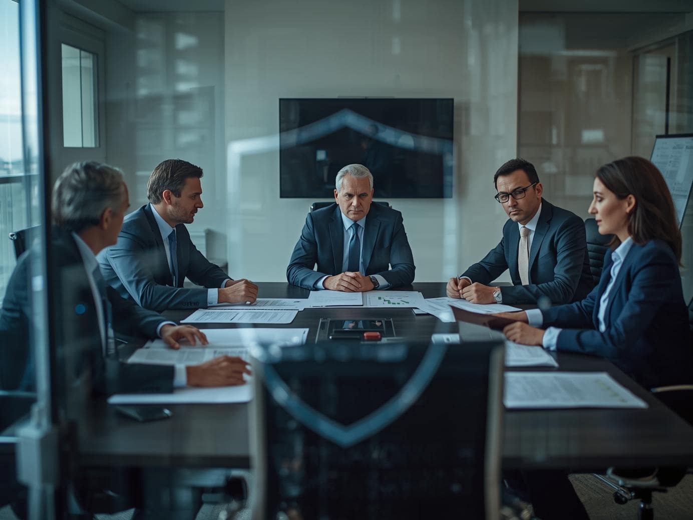 In einem modernen Konferenzraum sitzt ein kleiner Kreis von 5 Entscheidern (Geschäftsführung, CFO, Aufsichtsrat) an einem großen Tisch, vor ihnen liegen Geschäftsberichte und Vertragsordner. Die Stimmung ist konzentriert, leicht angespannt – man sieht, dass es um wichtige Entscheidungen und Verantwortung geht.