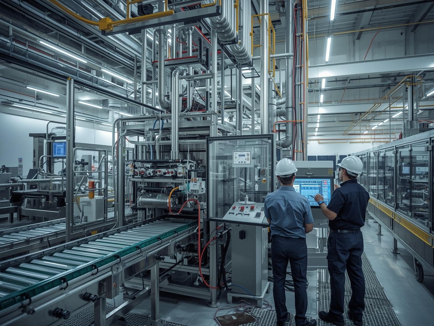 Innenansicht einer modernen Industriehalle mit einer großen, komplexen Produktionsanlage im Mittelpunkt. Zwei Techniker in Arbeitskleidung und Schutzhelm stehen seitlich an einem geöffneten Schaltschrank und überprüfen Anzeigen auf einem Touch-Panel. Im Hintergrund weitere Maschinen und Rohrleitungen.