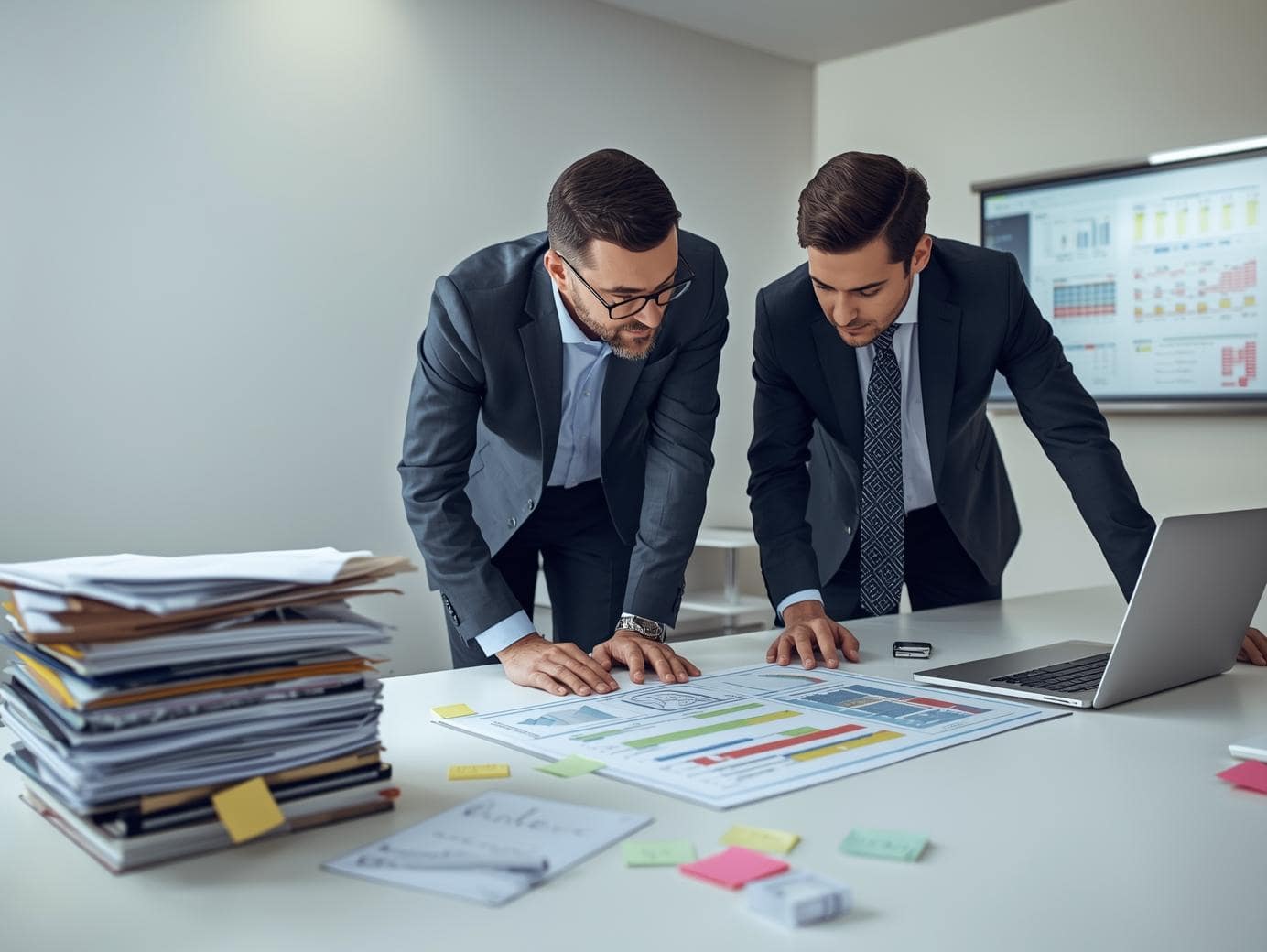 In einem modernen Besprechungsraum sitzt ein Geschäftsführer im Business-Outfit mit einem Versicherungsmakler. Links auf dem Tisch ein unordentlicher Stapel Ordner, lose Papierstapel und Klebenotizen, rechts daneben ein geordneter Laptop mit übersichtlichen Diagrammen und einer klaren Risiko-Matrix.