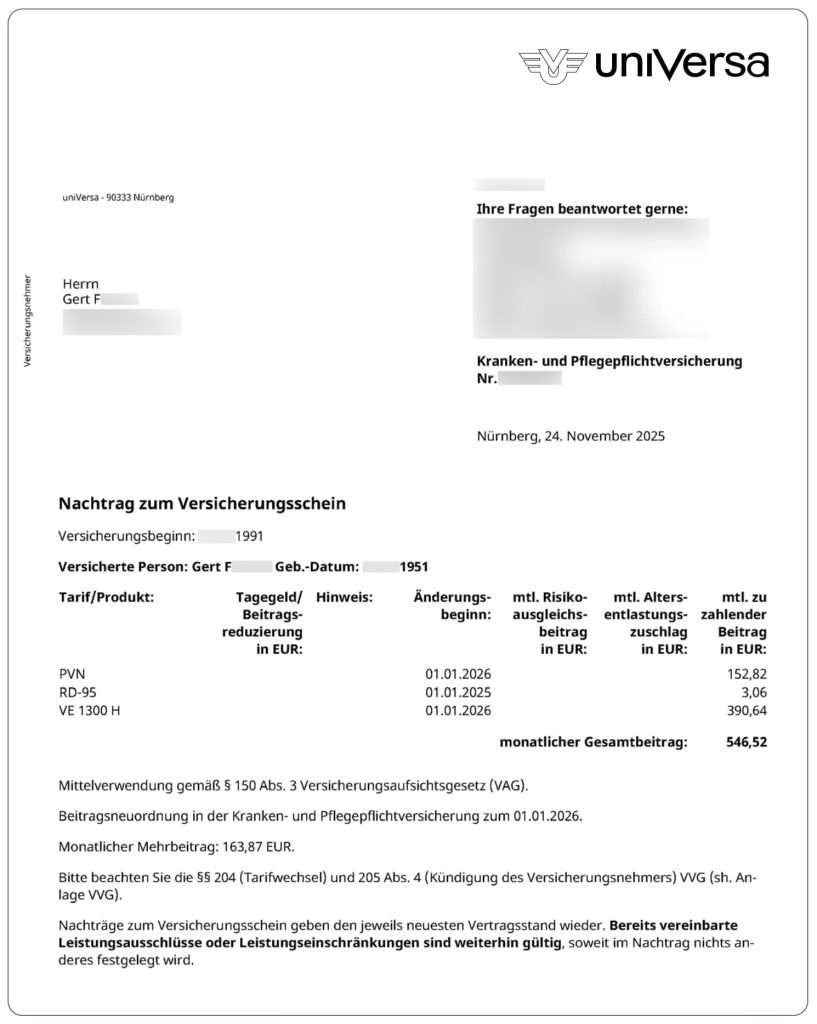 uniVersa Nachtrag zum Versicherungsschein Gert F.