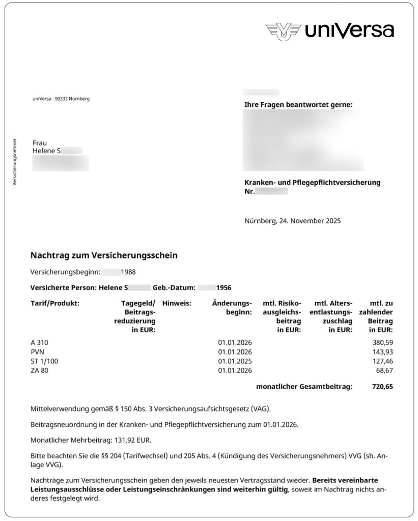 uniVersa Nachtrag zum Versicherungsschein Helene S.